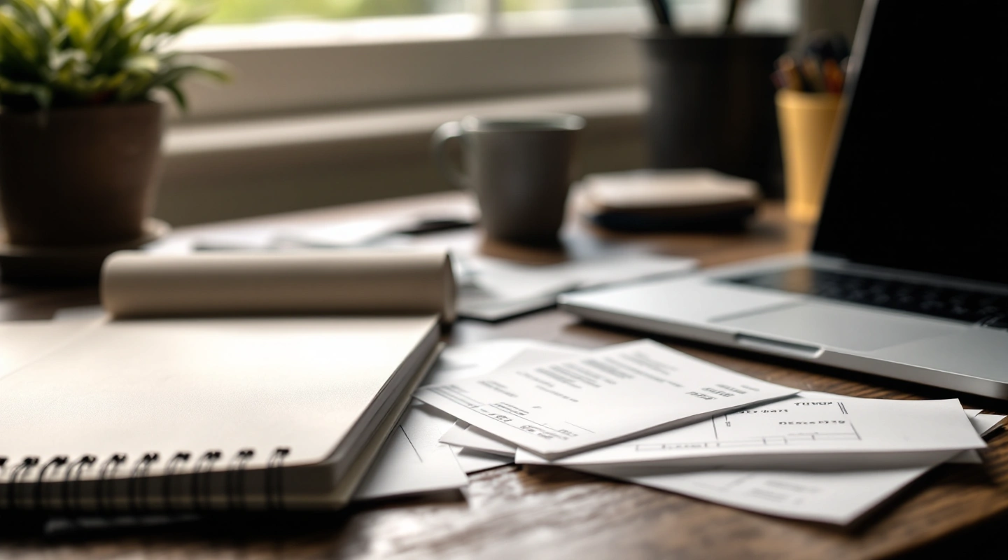A desk arranged for business recordkeeping with a laptop and paper records