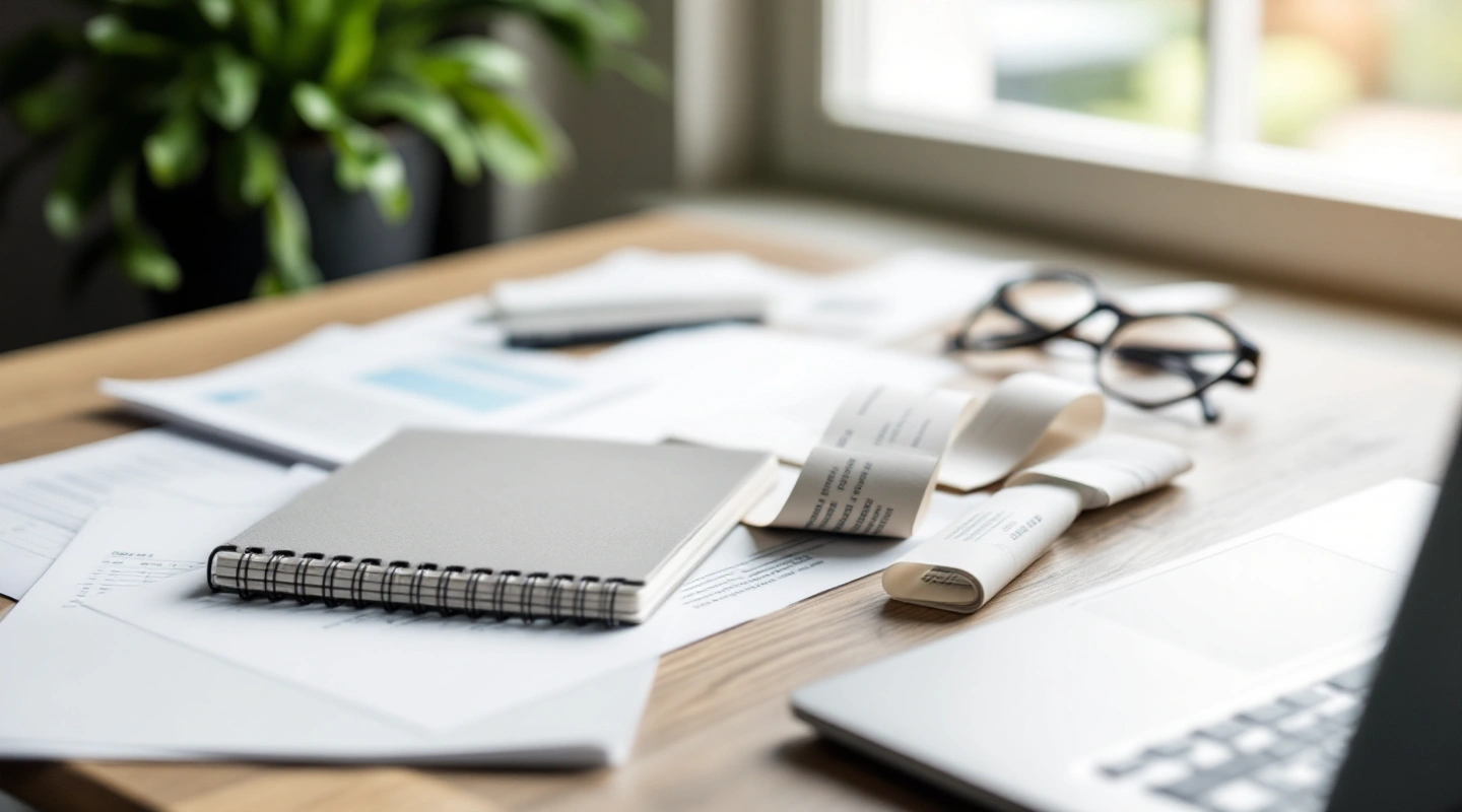 A desk arranged for business recordkeeping with a laptop and paper records