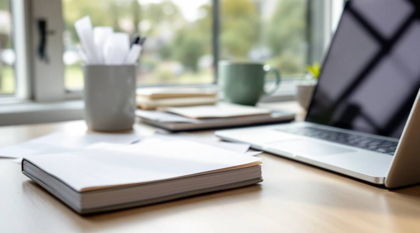 A desk arranged for business recordkeeping with a laptop and paper records