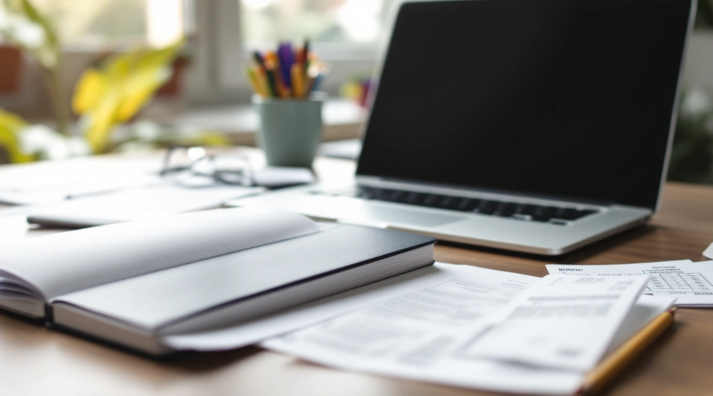 A desk arranged for business recordkeeping with a laptop and paper records