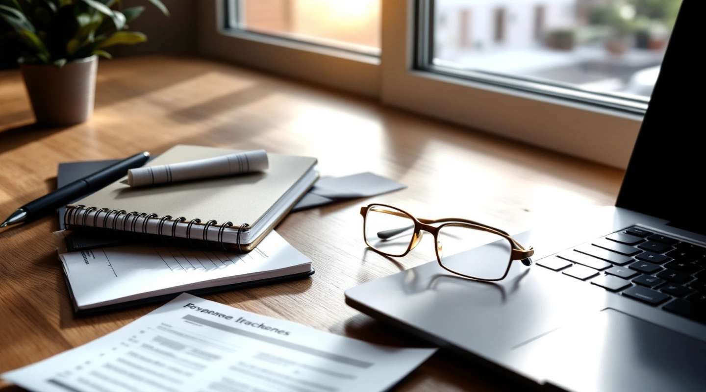 A desk arranged for business recordkeeping with a laptop and paper records