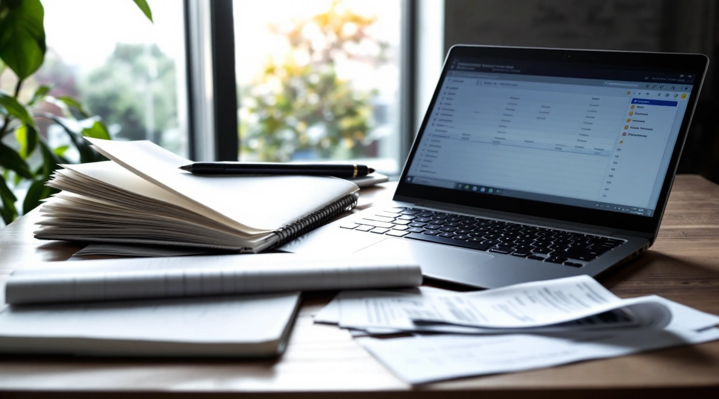 A desk arranged for business recordkeeping with a laptop and paper records