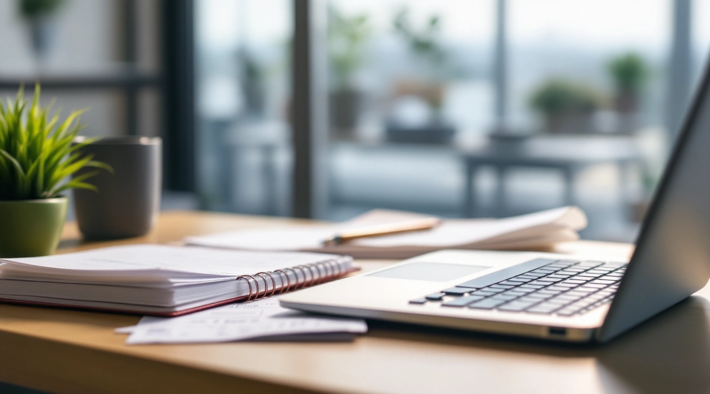 A desk arranged for business recordkeeping with a laptop and paper records