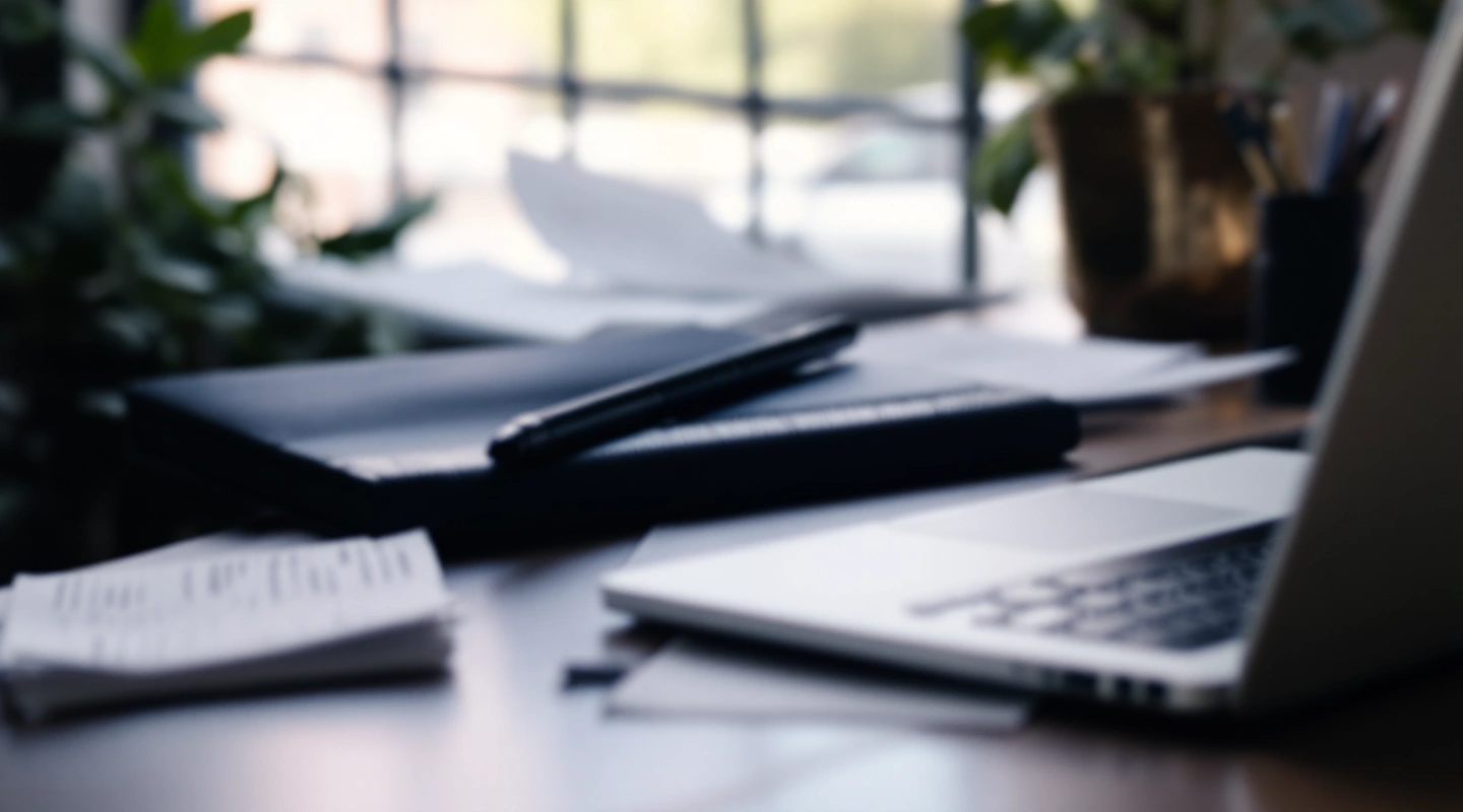 A desk arranged for business recordkeeping with a laptop and paper records