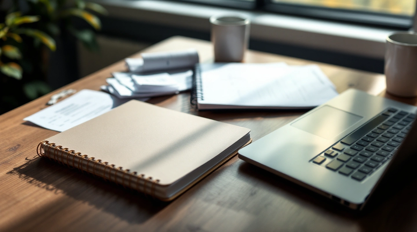 A desk arranged for business recordkeeping with a laptop and paper records
