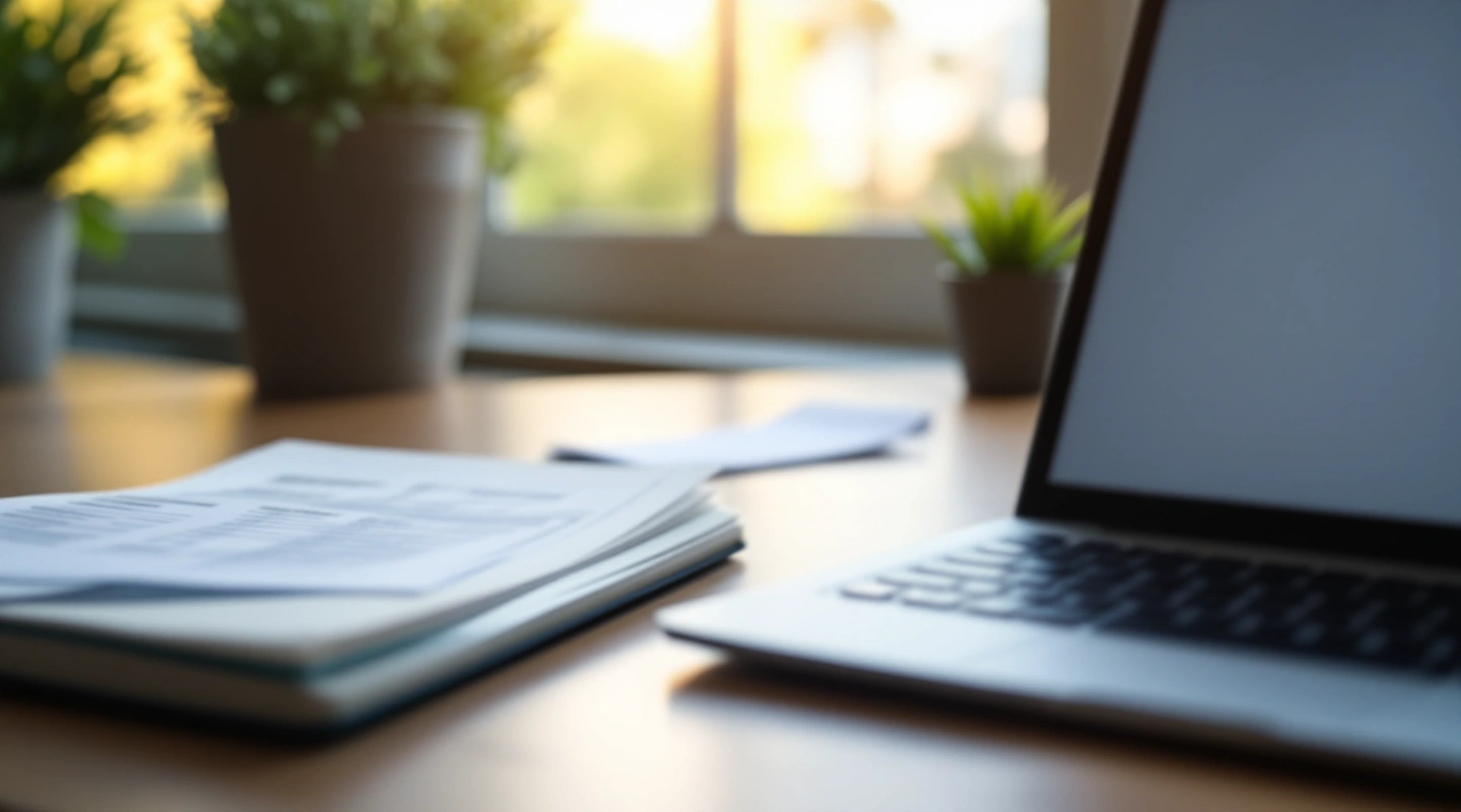 A desk arranged for business recordkeeping with a laptop and paper records