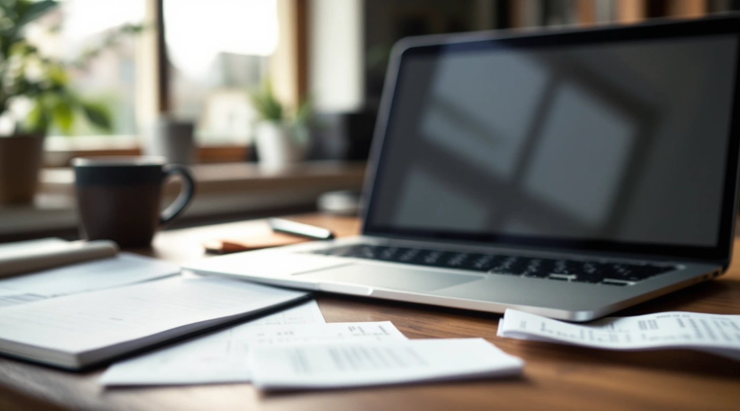 A desk arranged for business recordkeeping with a laptop and paper records