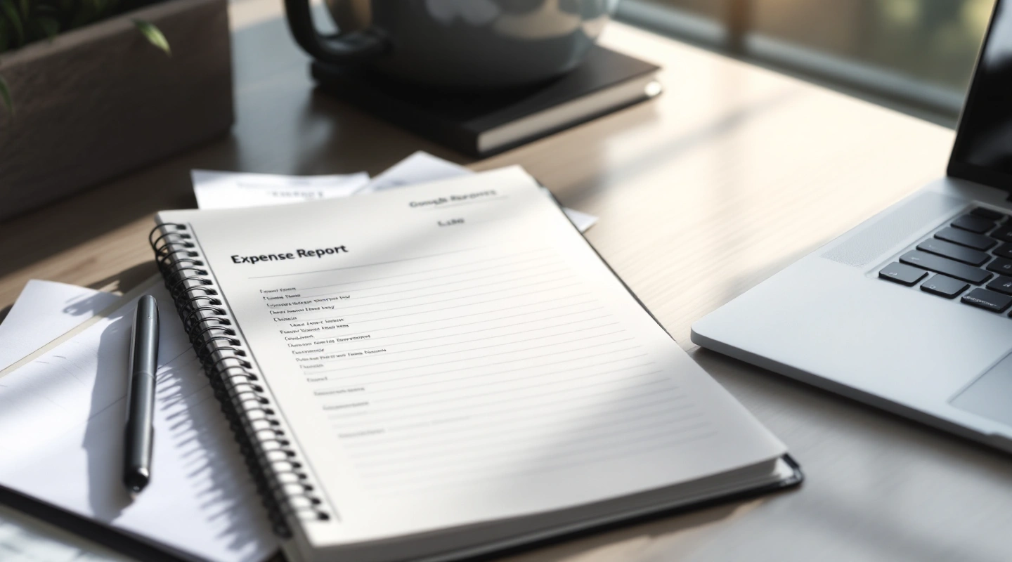 A desk arranged for business recordkeeping with a laptop and paper records