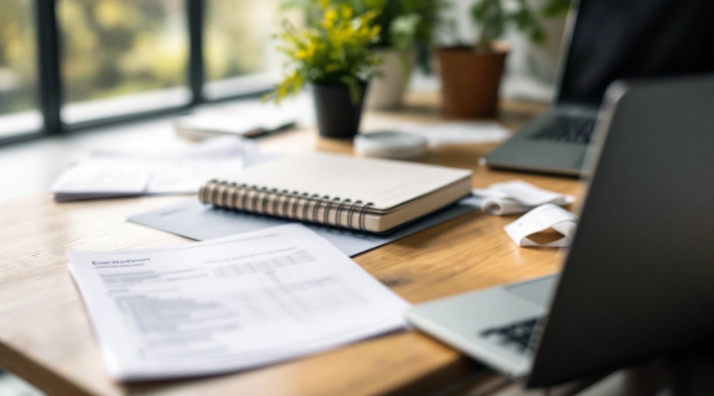 A desk arranged for business recordkeeping with a laptop and paper records