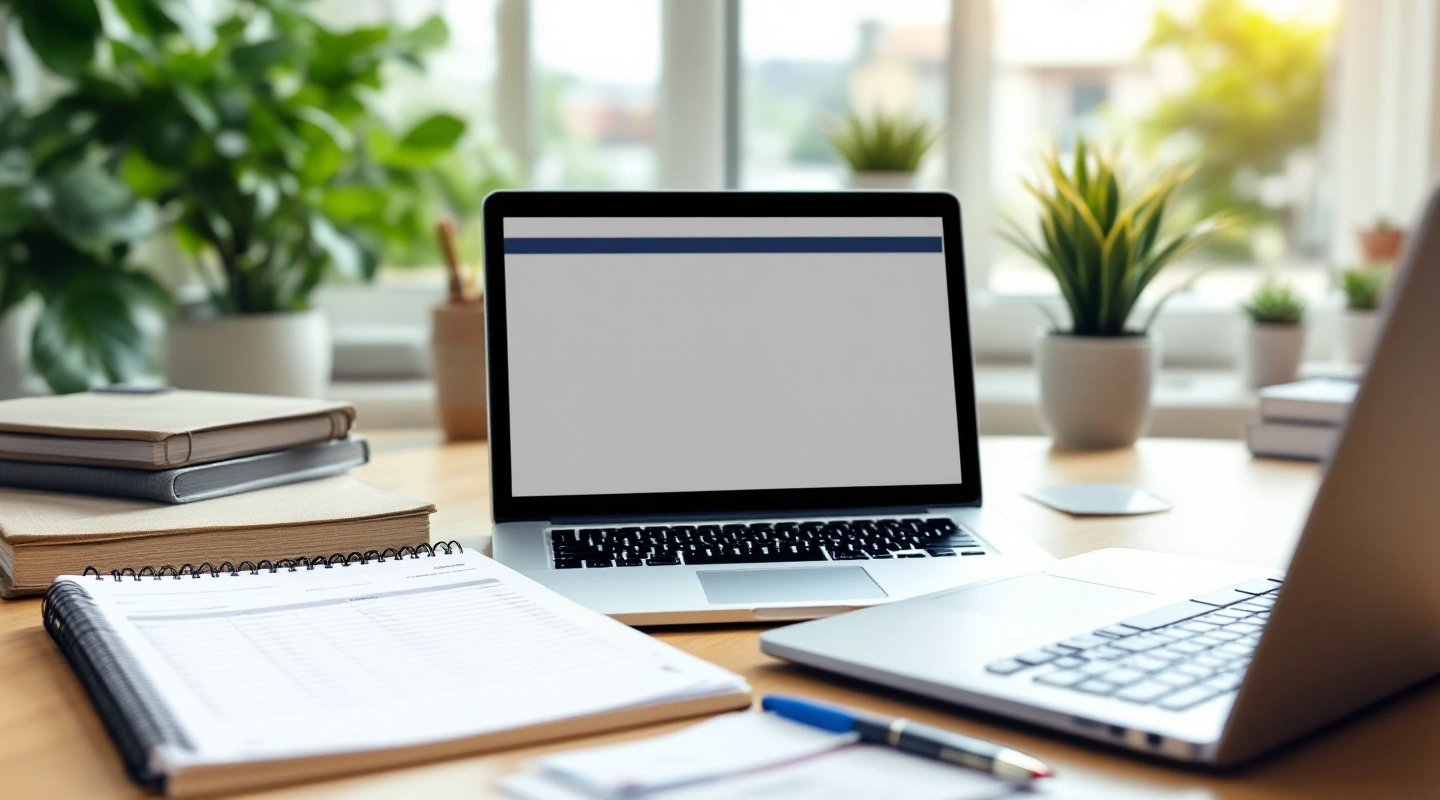 A desk arranged for business recordkeeping with a laptop and paper records