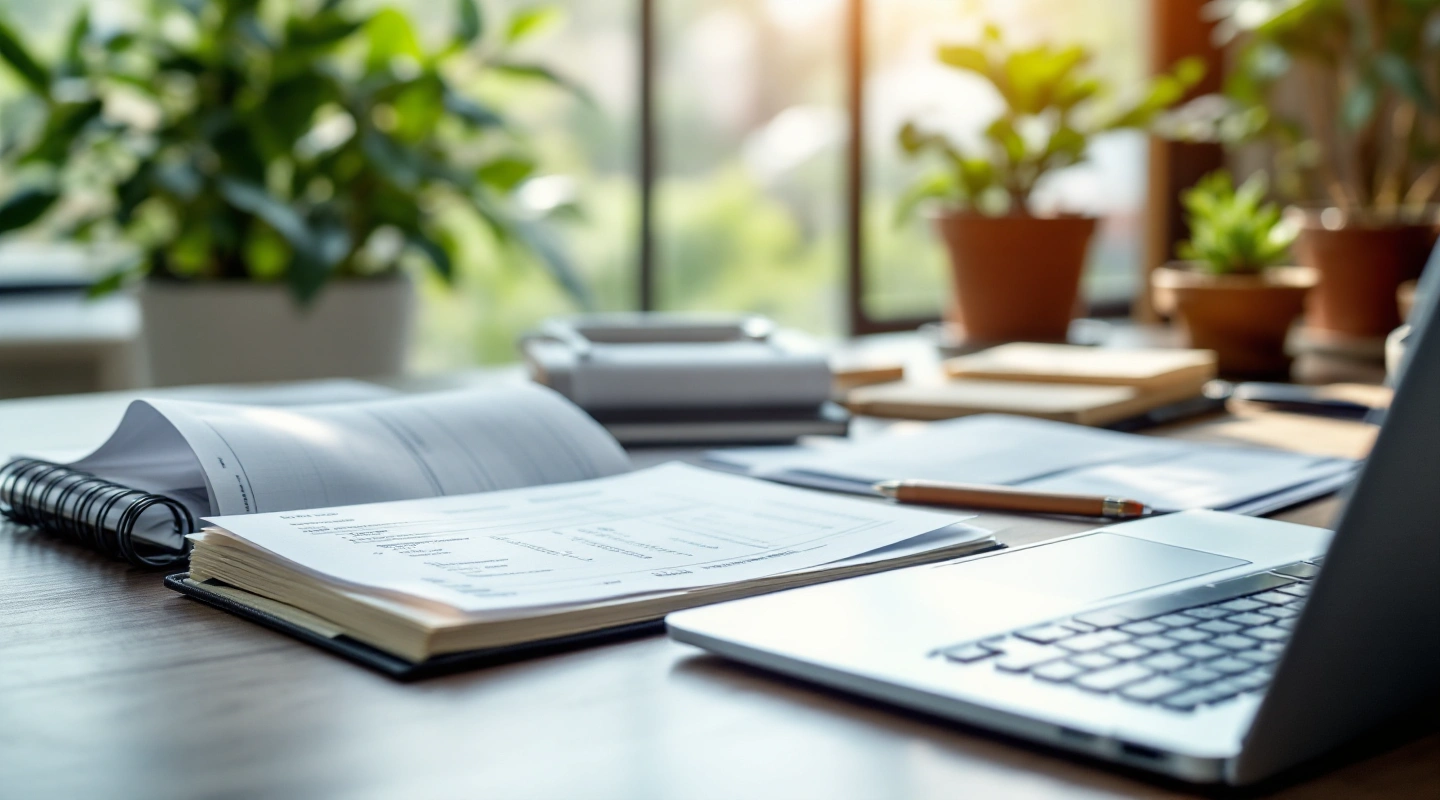 A desk arranged for business recordkeeping with a laptop and paper records