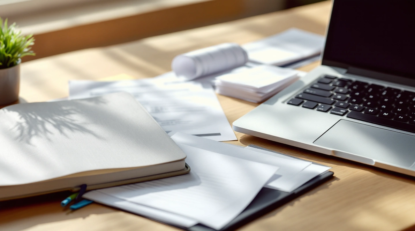 A desk arranged for business recordkeeping with a laptop and paper records