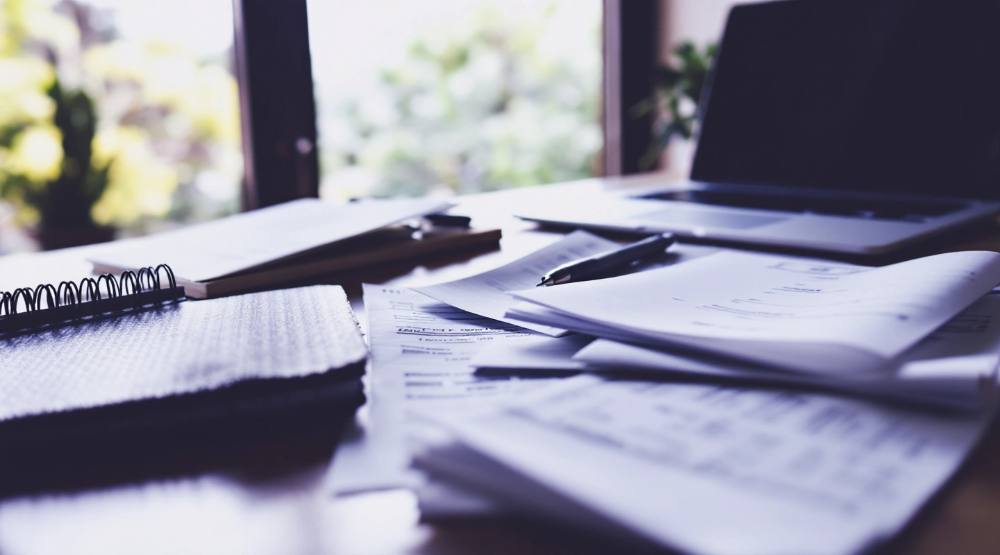 A desk arranged for business recordkeeping with a laptop and paper records