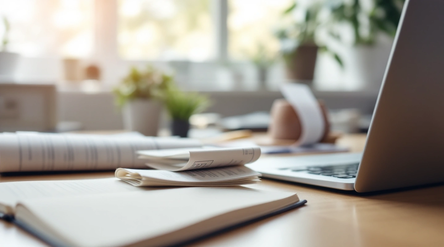 A desk arranged for business recordkeeping with a laptop and paper records