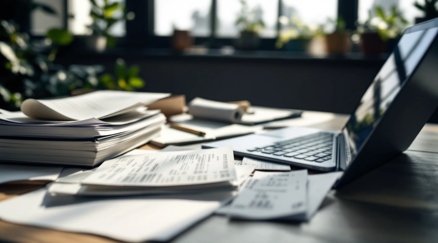 A desk arranged for business recordkeeping with a laptop and paper records