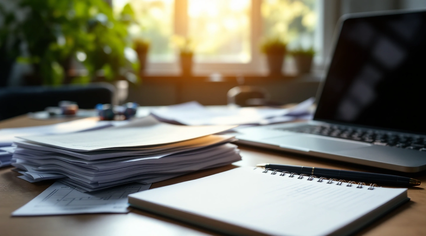 A desk arranged for business recordkeeping with a laptop and paper records