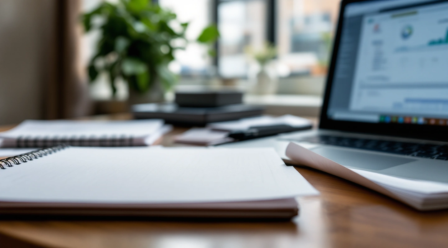 A desk arranged for business recordkeeping with a laptop and paper records
