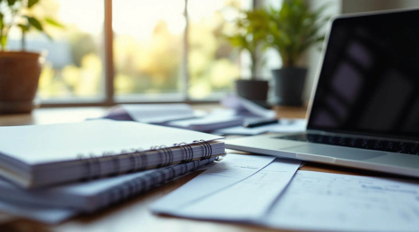 A desk arranged for business recordkeeping with a laptop and paper records