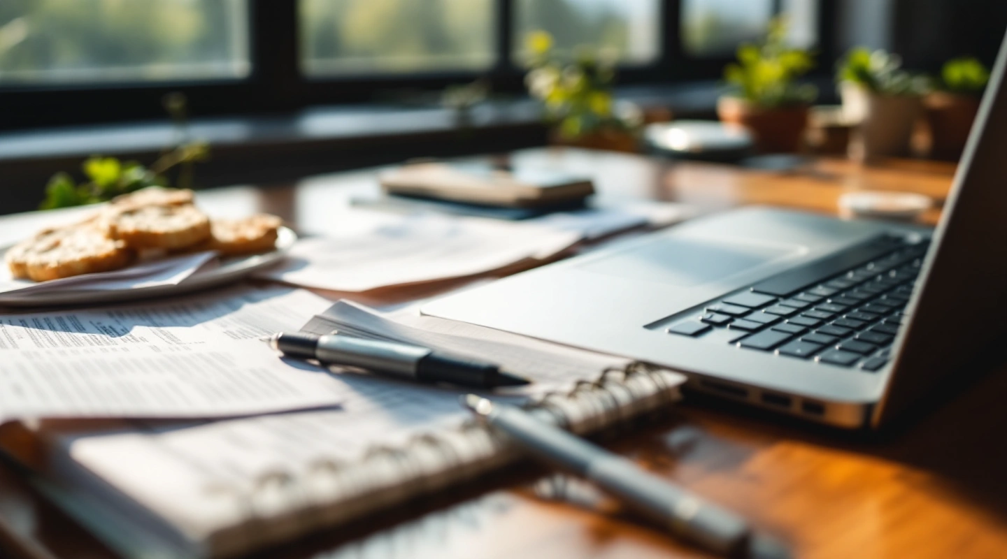 A desk arranged for business recordkeeping with a laptop and paper records