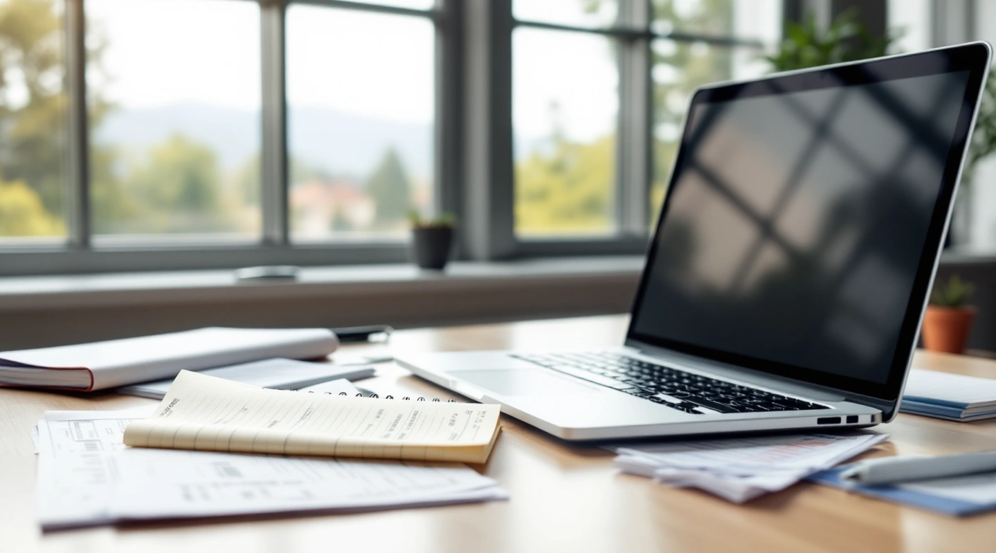 A desk arranged for business recordkeeping with a laptop and paper records