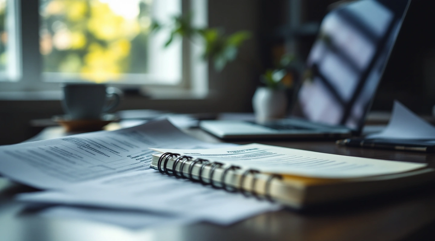 A desk arranged for business recordkeeping with a laptop and paper records