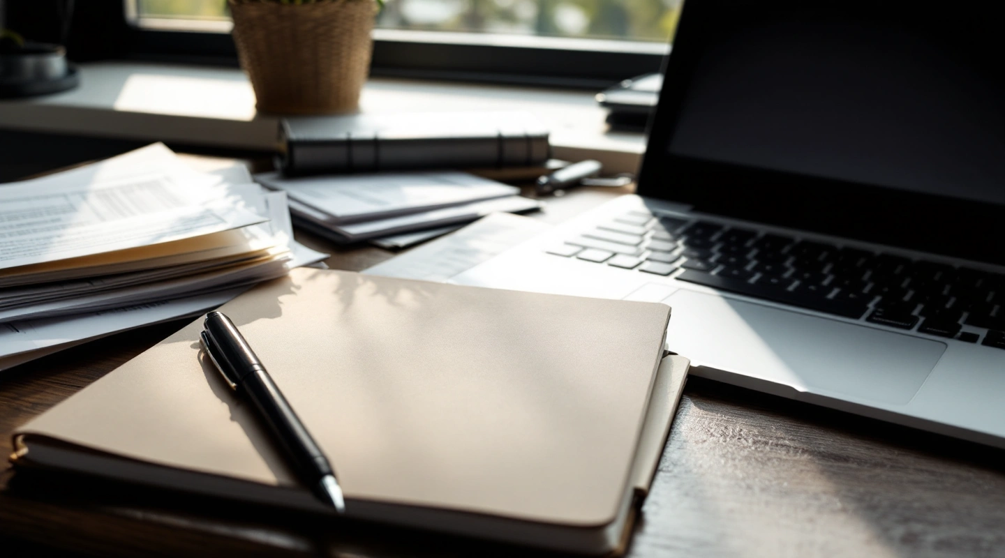A desk arranged for business recordkeeping with a laptop and paper records