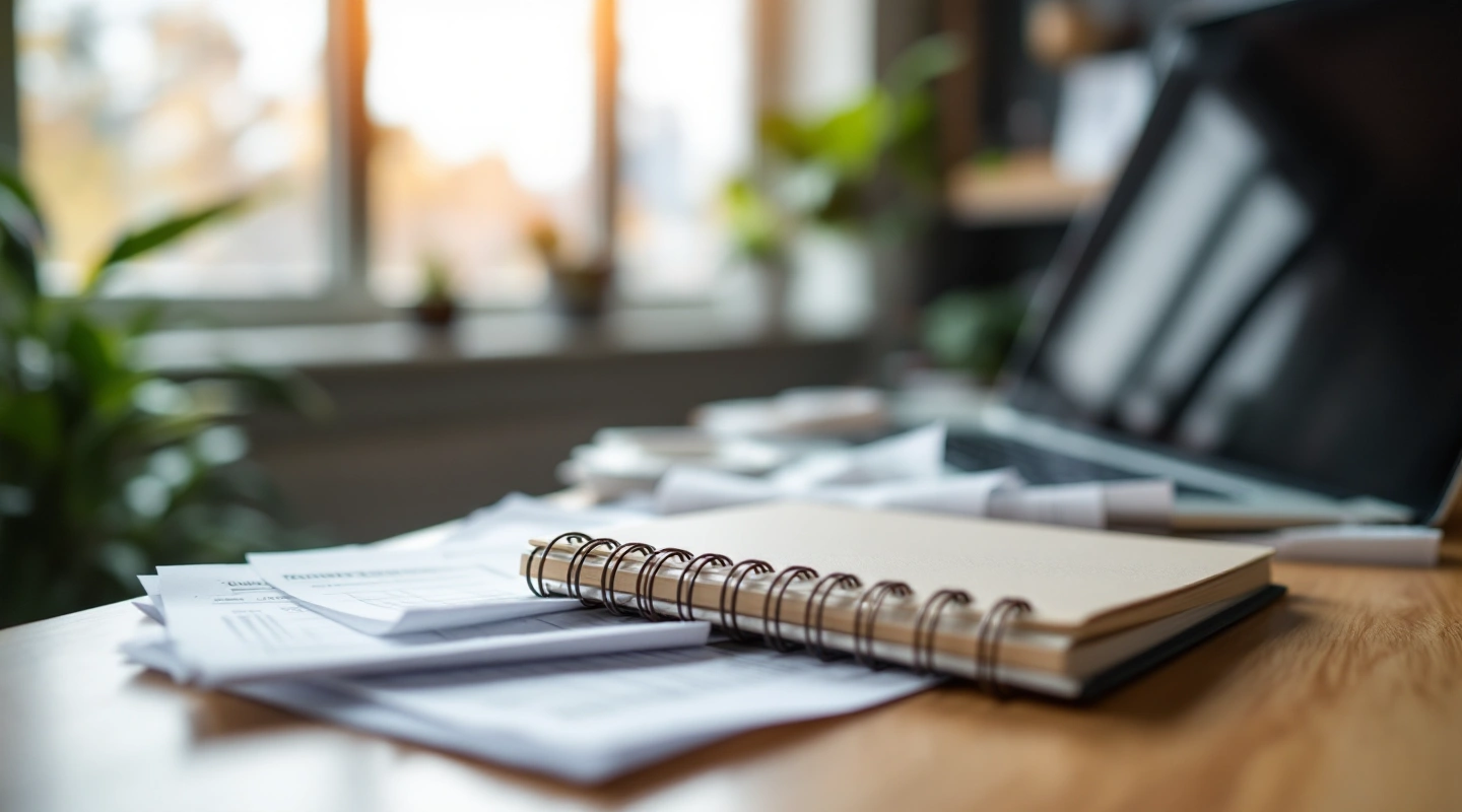 A desk arranged for business recordkeeping with a laptop and paper records