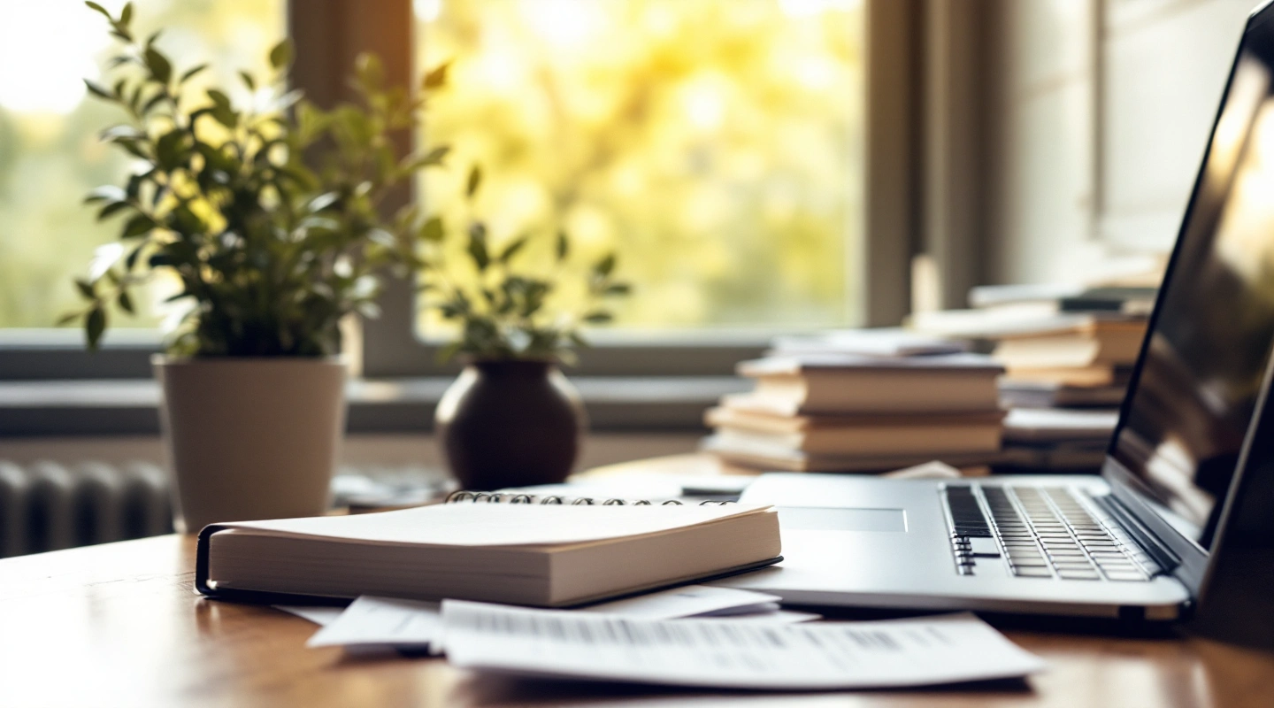 A desk arranged for business recordkeeping with a laptop and paper records