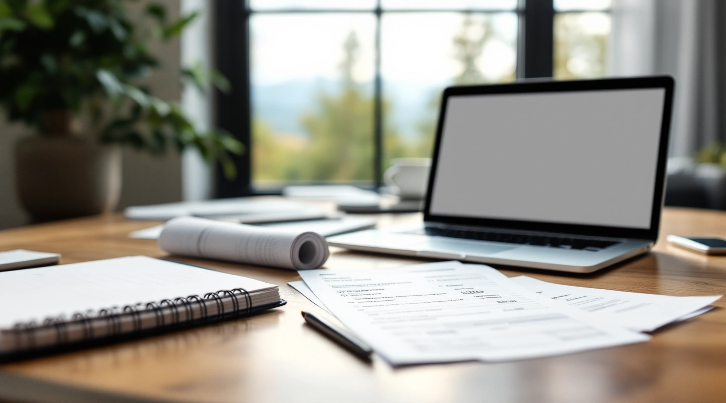 A desk arranged for business recordkeeping with a laptop and paper records