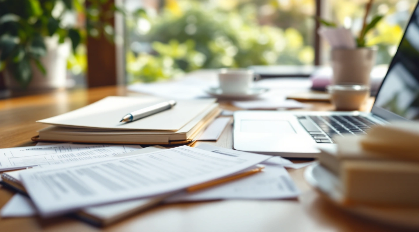 A desk arranged for business recordkeeping with a laptop and paper records