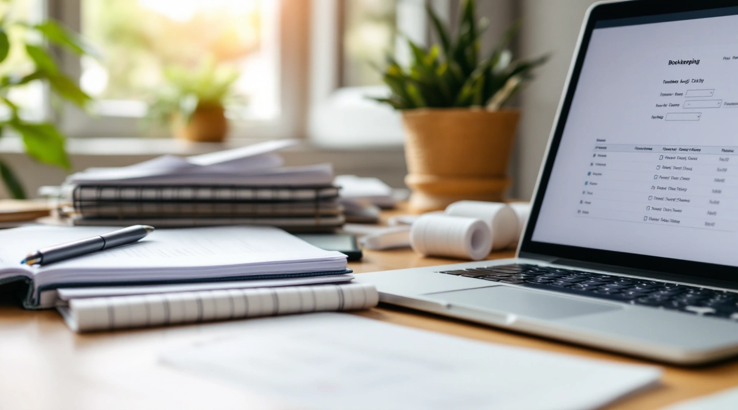 A desk arranged for business recordkeeping with a laptop and paper records