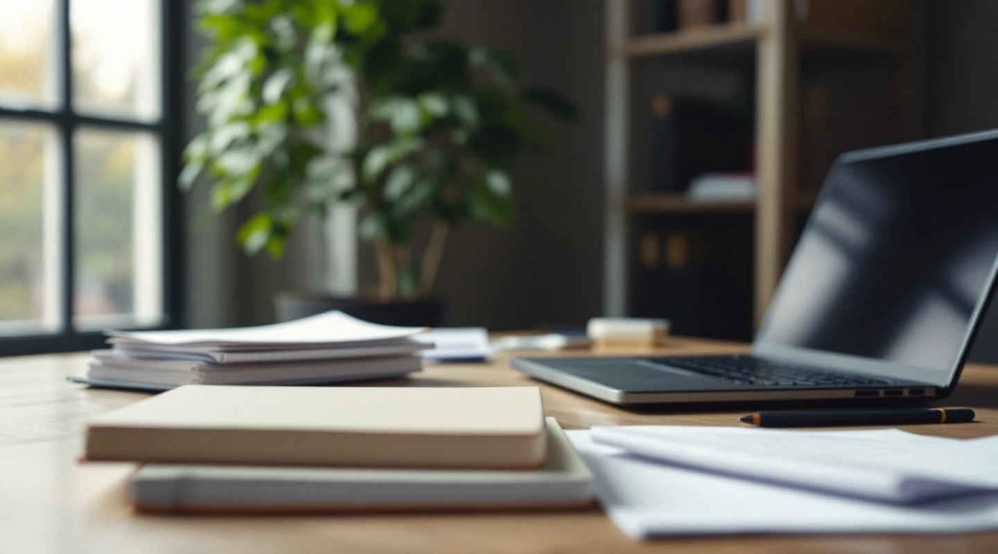 A desk arranged for business recordkeeping with a laptop and paper records