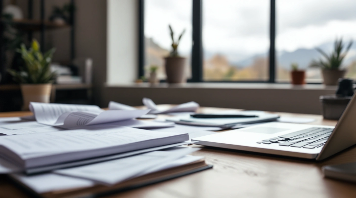 A desk arranged for business recordkeeping with a laptop and paper records