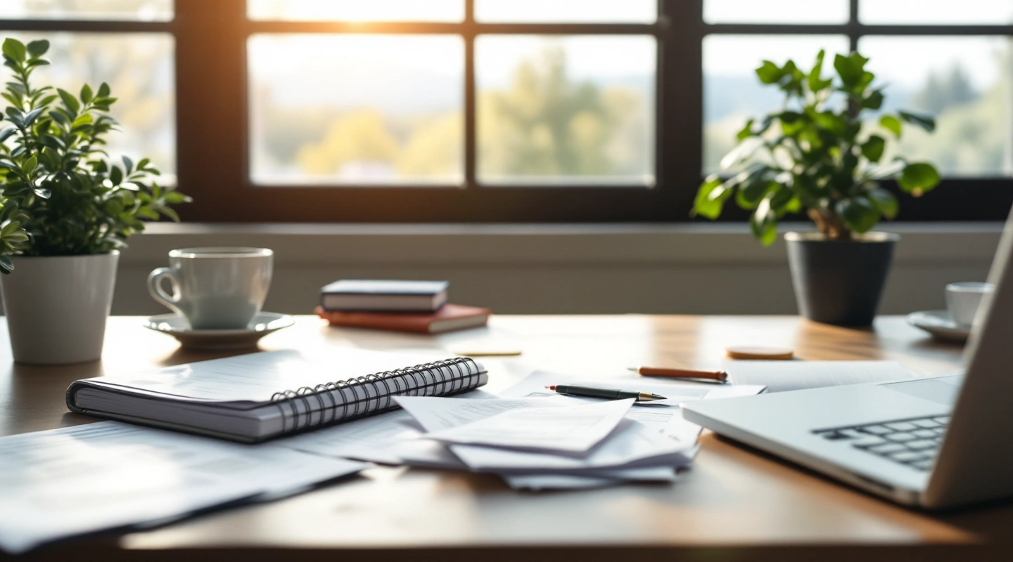 A desk arranged for business recordkeeping with a laptop and paper records