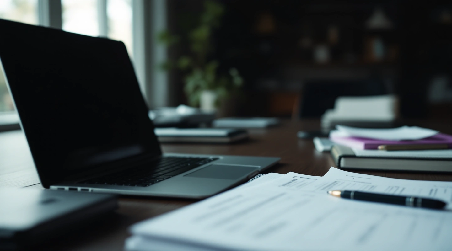 A desk arranged for business recordkeeping with a laptop and paper records