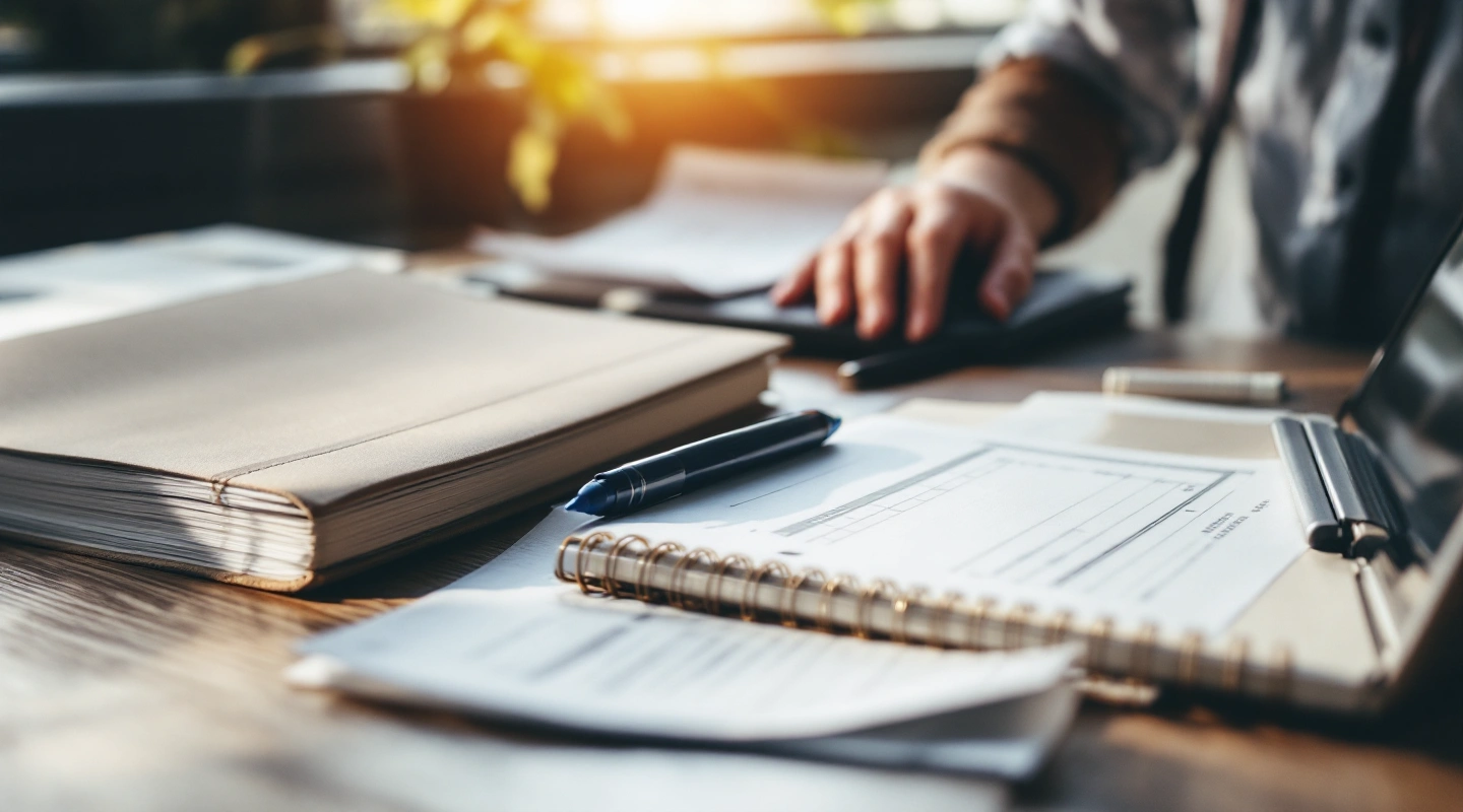 A desk arranged for business recordkeeping with a laptop and paper records