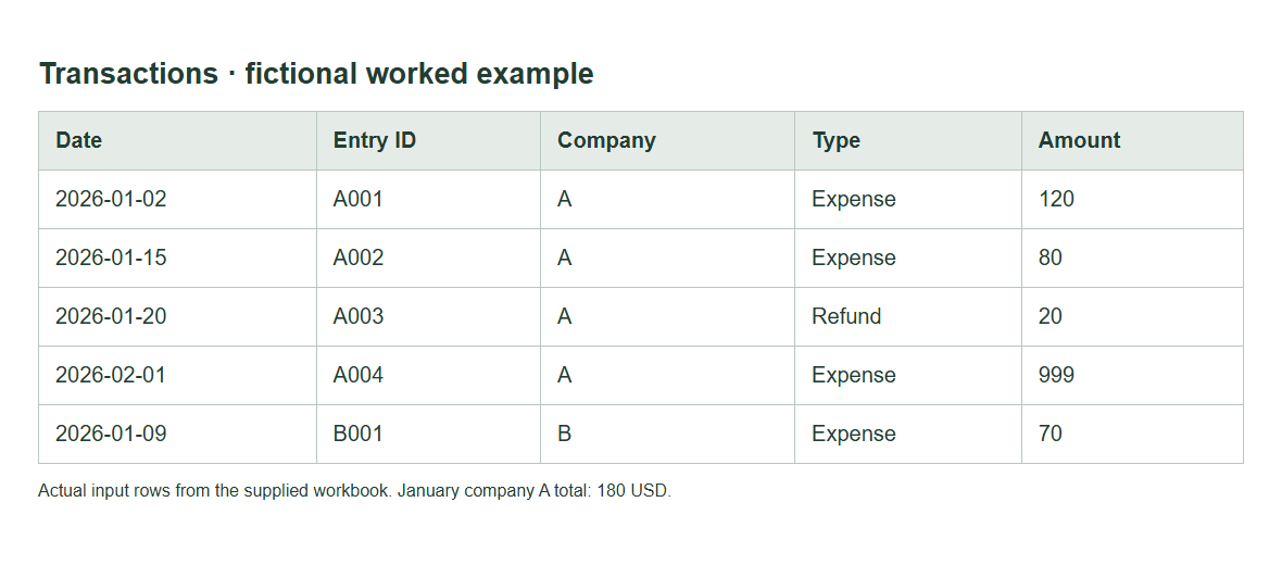 Actual worked workbook sample showing the fictional transaction rows